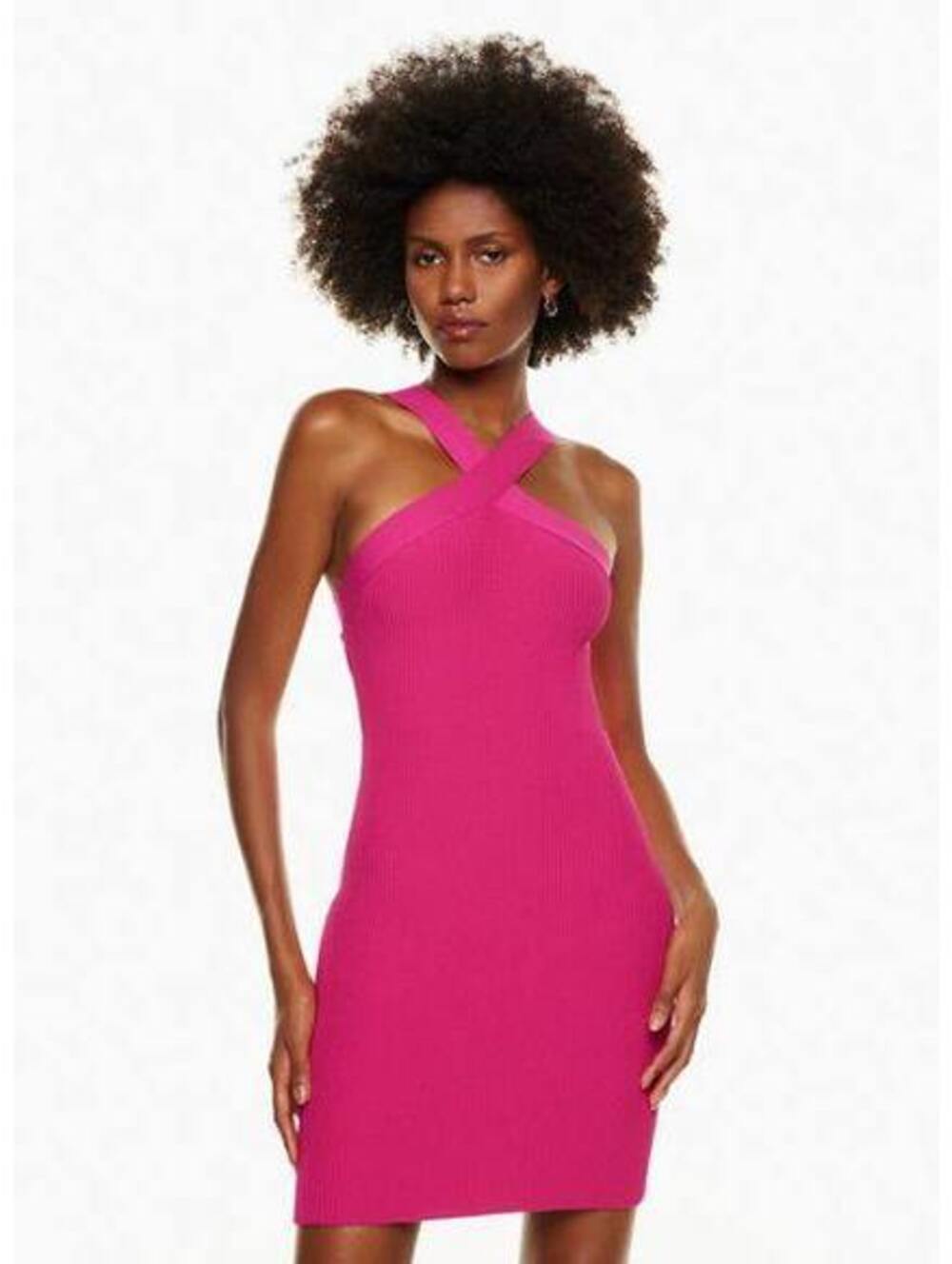Aritzia Babaton Medium $148 Hot Pink Sculpt Ribbed Knit Criss Cross Halter Dress